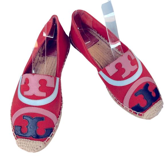 Tory burch Poppy Espadrille coral canvas and leather SZ 7.5 with box - Picture 1 of 9